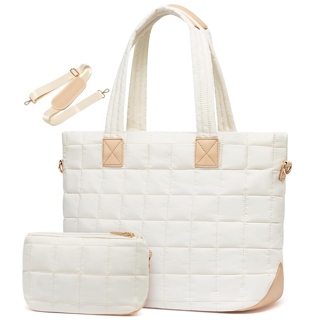 PALAY Tote Bag for Women with 15.6 in Laptop Compartment featuring Removable Strap | White Quilted Style