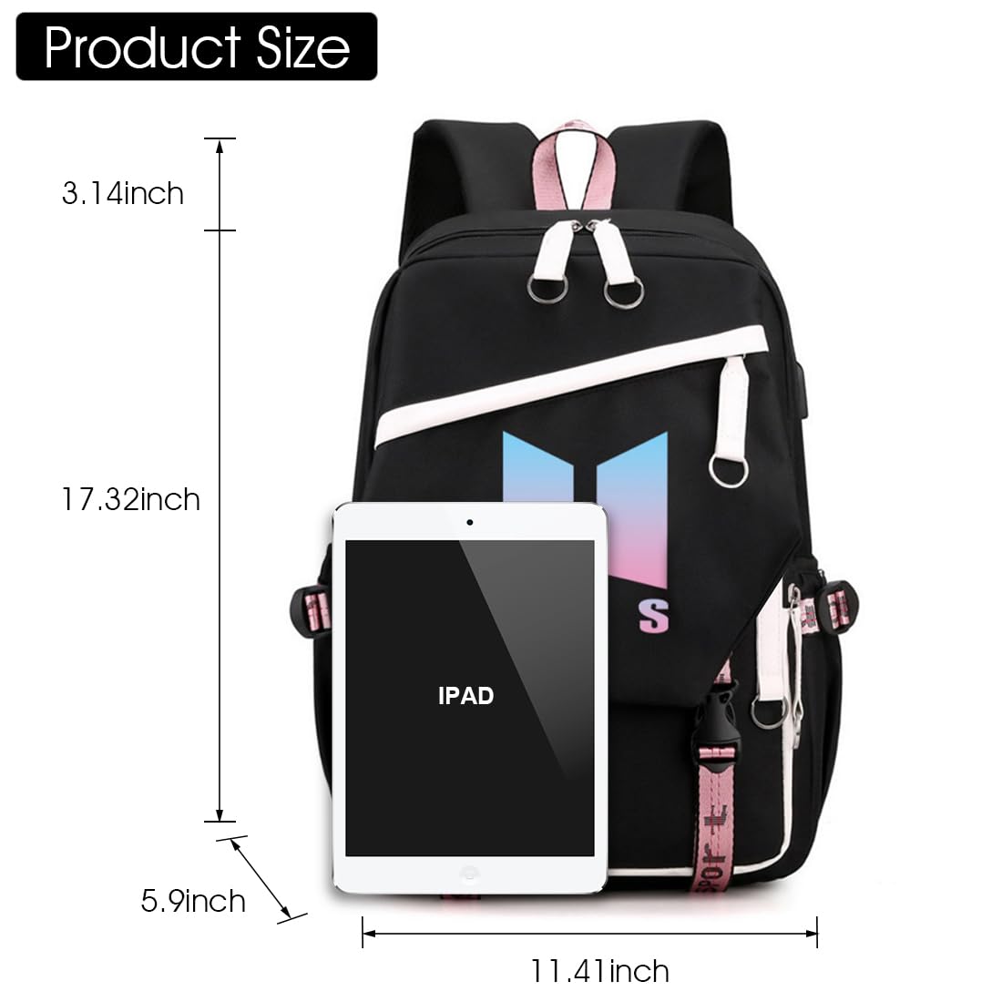 PALAY BTS Backpack for School and Travel with USB Charging Port 32×15×45cm Black for Kids