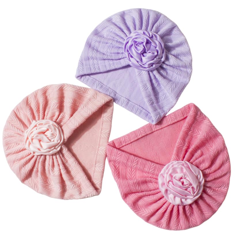 SNOWIE SOFT® 3Pcs Soft Baby Caps for Girl 0-12 Months Knitted Baby Hat Flower Charm Baby Beanie Caps, Cozy and Stretchable Newborn Turban Beanie Shower Gift for Girls