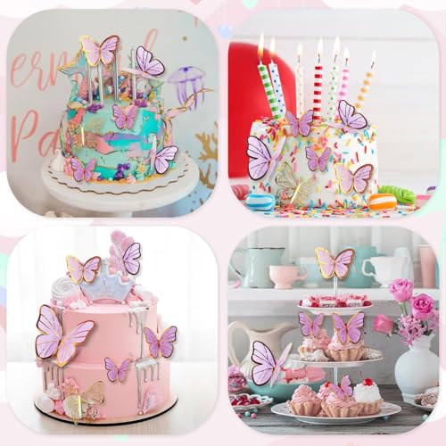 HASTHIP® Birthday Party Supplies Party Room Background Decor, Purple Dreamy Butterfly-Themed Happy Birthday Banner, 6Pcs Floral Butterfly Spiral Hanging Decoration, 12Pcs Decorative Cake Topper