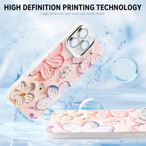 ZORBES® for iPhone 16 Pro Max Cover Case 3D Flower Oil Painting Cute Colorful for Girls Women Full Camera Protection Shockproof Glossy Back with Wrist Strap 3PCS