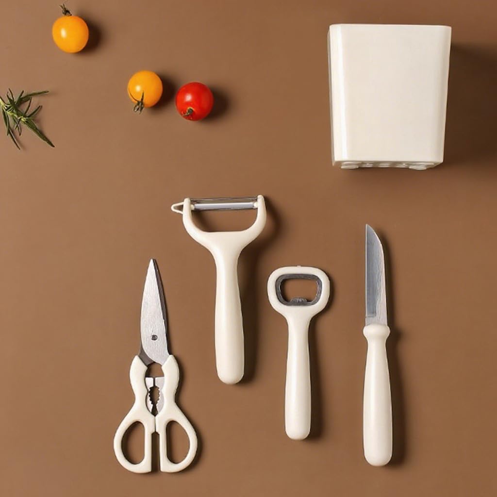 Supvox Kitchen Utility Tools 5 in 1 Set with No Drill Wall Organizer and Ergonomic Handle | Stainless Steel Shears and Fruit Cutter