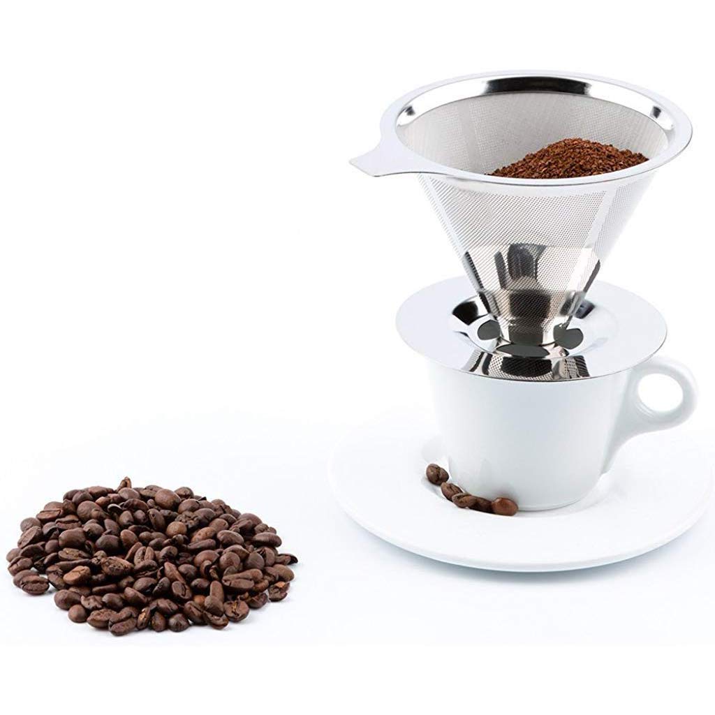 HASTHIP® Pour Over Coffee Dripper Stainless Steel Reusable Drip Cone Filter Paperless Metal Fine Mesh Strainer Brewer Maker 1-6 Cup with Non-Slip Stand Cleaning Brush 3 PCS