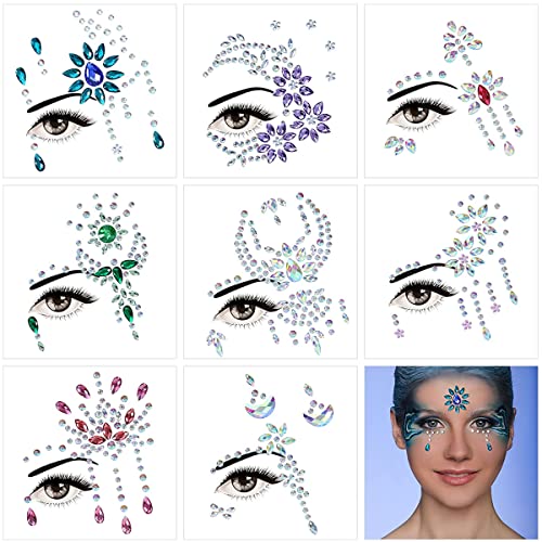 MAYCREATE® 8 Sets Face Gems Rhinestones Mermaid Face Jewels Festival Crystal Tears Face Decoration Sticker Glitter Eye Bindi Temporary Stickers for Makeup, Party, Artist Body Art