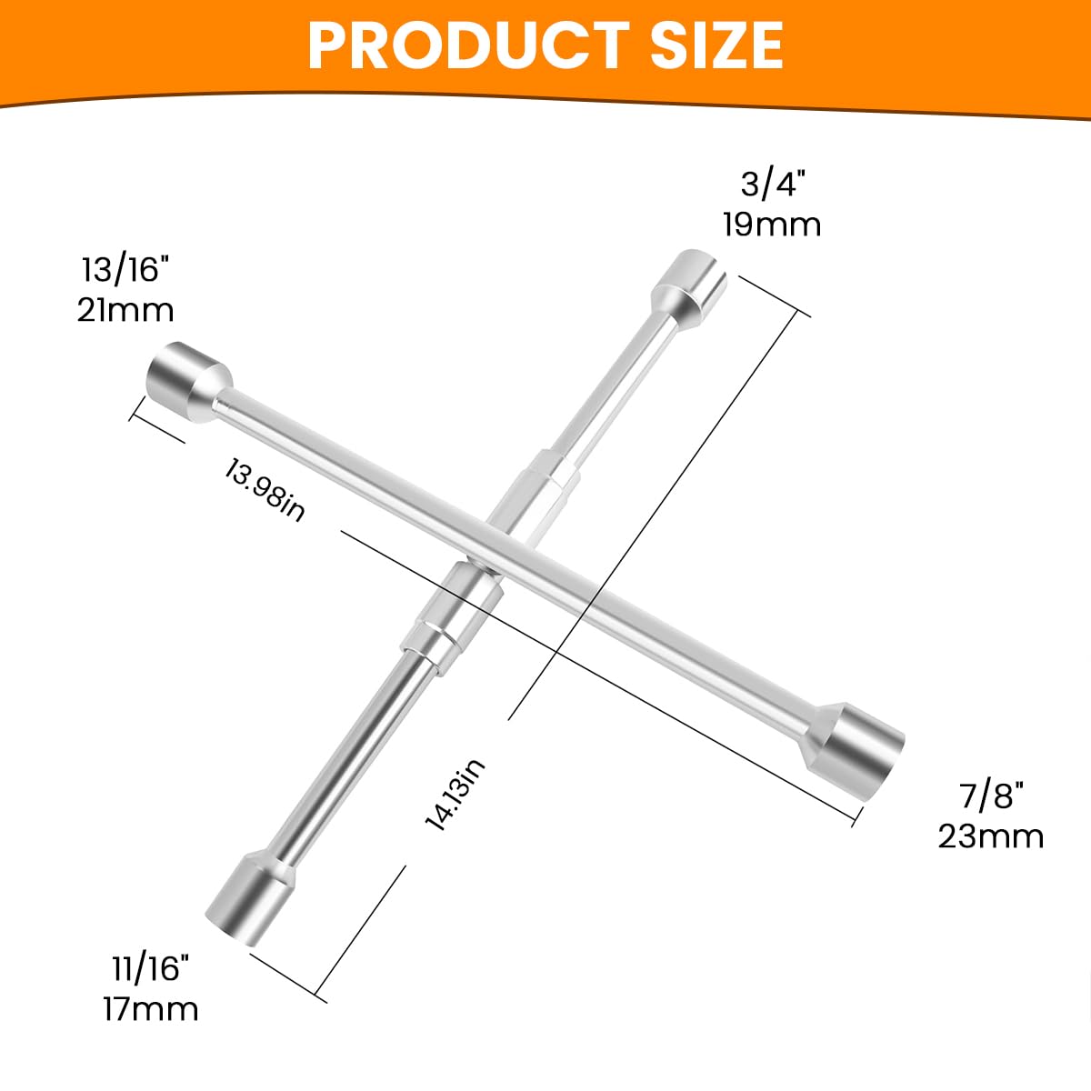 STHIRA Folding Cross Lug Wrench for Car Tire Changing with 17 19 21 23mm Sockets | Chrome Steel
