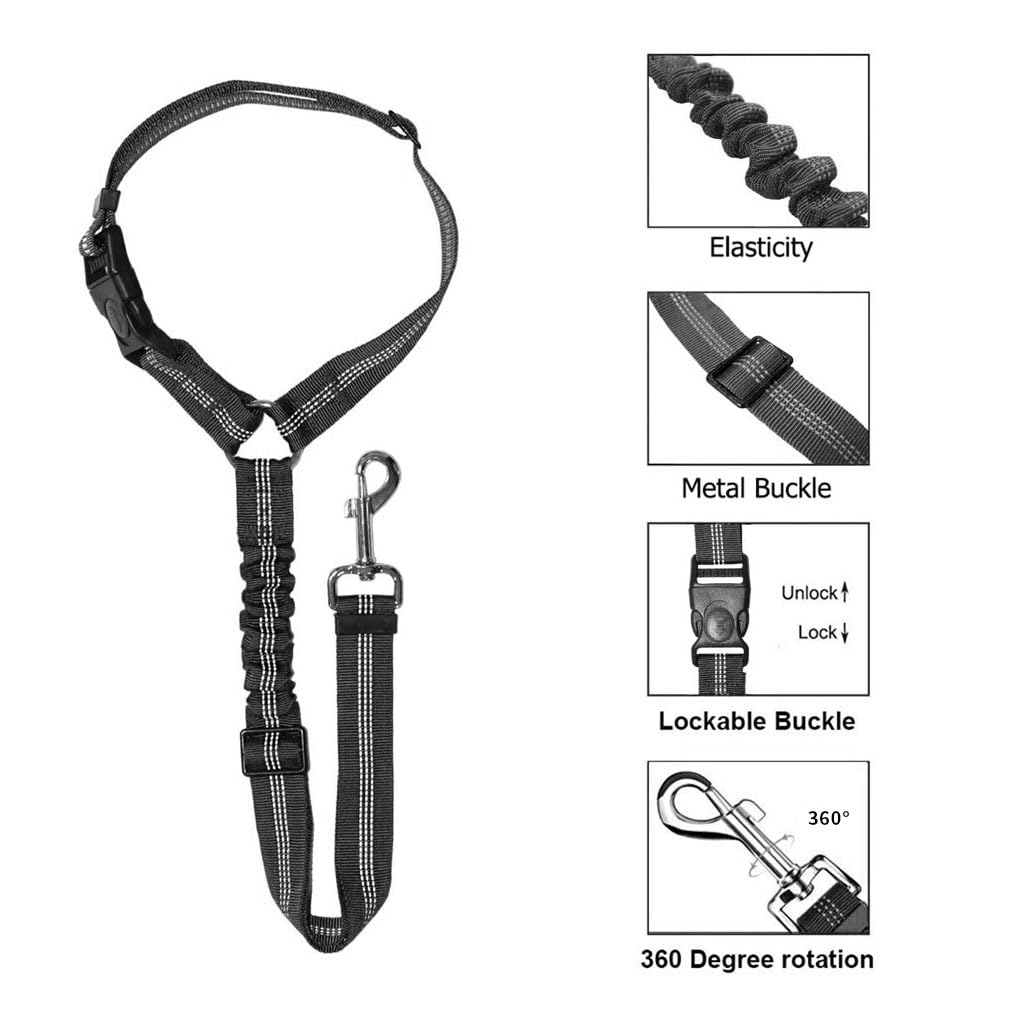 Qpets Dog Safety Harness for Car with 360° Swivel Buckle and Reinforced Nylon Strap | Adjustable Bungee Leash for Travel