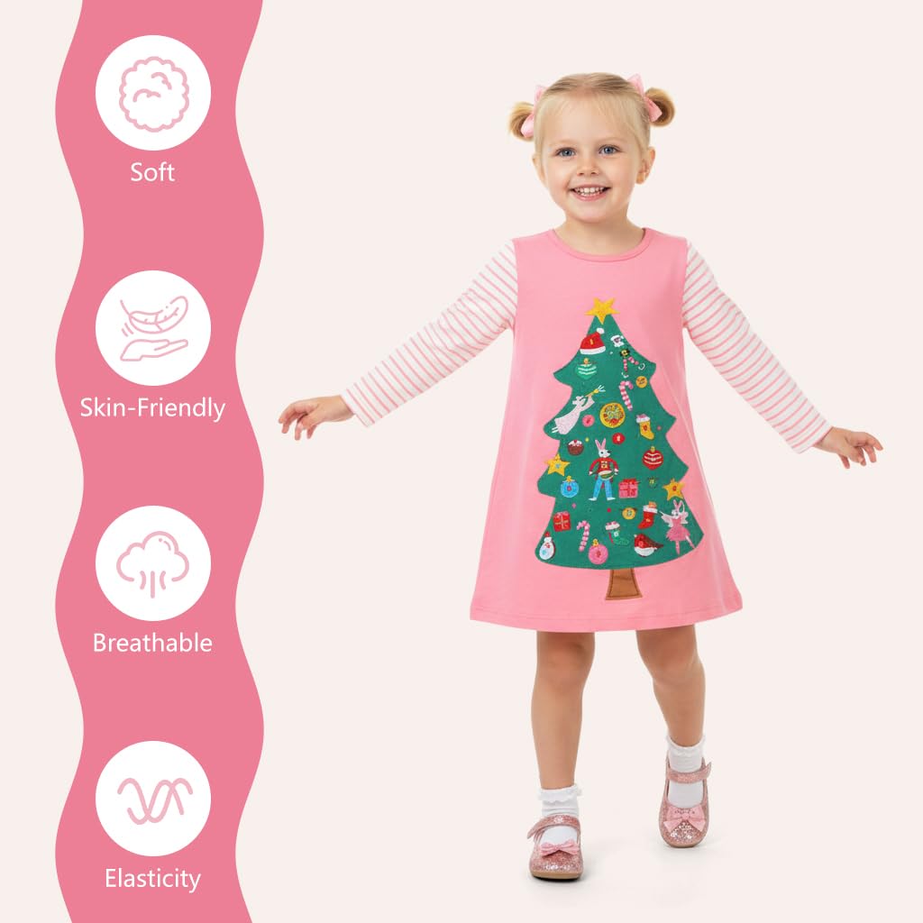 SANNIDHI Christmas Dress for Girls featuring Striped Long Sleeves and 120 cm Pink Cotton | Festive Tree Print Nightgown for Parties or Homewear