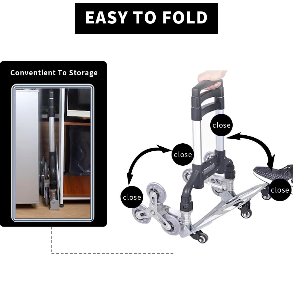 Serplex® Hand Truck Trolley Folding Stair Climbing Cart with Adjustable Handle Height, 165 lbs Load Capacity, Aluminium Hand Truck Cart Multipurpose Dolly for Warehouse Shopping (6+4 Small Wheels)