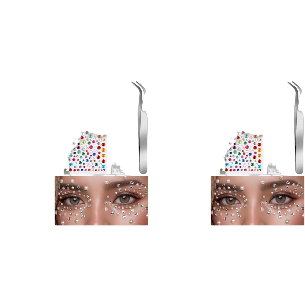 MAYCREATE Face Gems Rhinestones Stickers Kit for Makeup and DIY Crafts with Tweezer | 4 Sheets Self‑Adhesive Acrylic Jewels