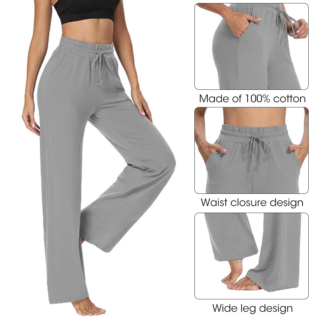 PALAY® Yoga Pants for Women Cotton Sweatpant Wide Leg Lounge Pajamas Pants with Pockets, Casual Trousers Comfy Drawstring Straight Pants for Jogging Workout Running (Grey, Size L)