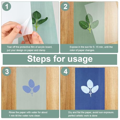HASTHIP® 24 Sheets Sun Sensitive Watercolor Paper A5 Cyanotype with Acrylic Panel High Sensitive White Solar Activated Nature Printing for Kids Adults Crafts DIY Project 72 PCS