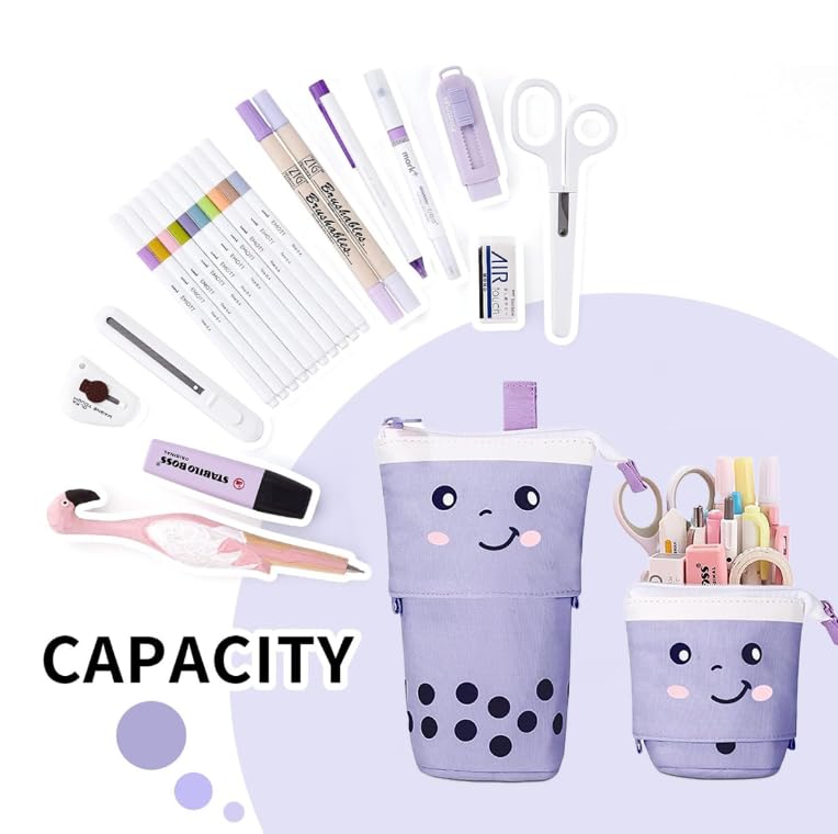 Zibuyu Telescopic Standing Pencil Case for School and Office with Dual Handles and Canvas Design | Cute Purple Boba Tea Holder for Girls