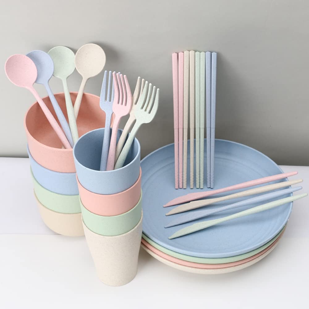 HASTHIP 28Pcs Lightweight Wheat Straw Dinnerware Sets, Unbreakable Microwave Dishwasher Safe Tableware, Lightweight Bowls, Cups, Half Plates, Knife, Fork, Spoon, Chopsticks Set