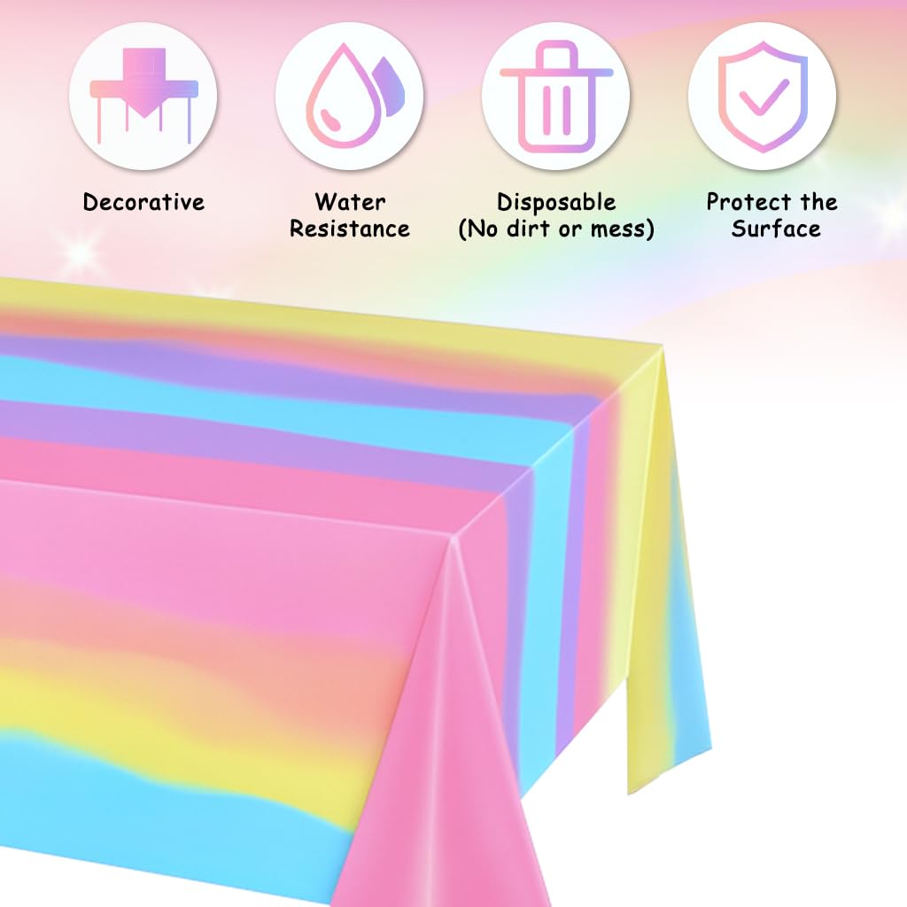 Zibuyu Plastic Tablecloth for Parties with Waterproof Surface 3 Pack 54x108 in | Rainbow Gradient Design