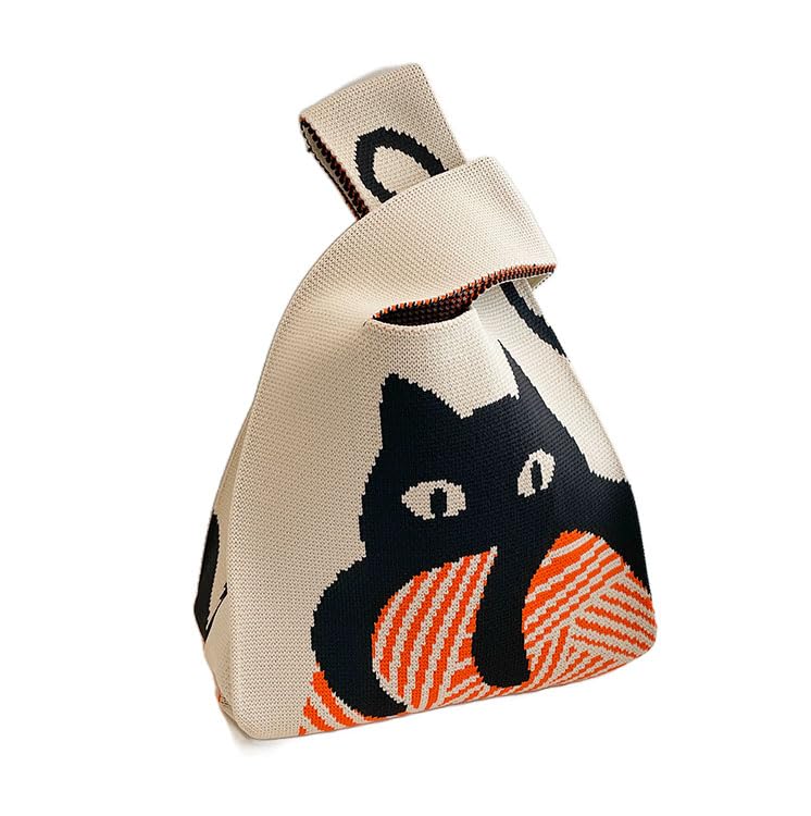 ZIBUYU® Wristlet Bag for Women Fashion Beige Cartoon Cat Knitted Small Tote Hand Bag Soft Wrist Pouch Lunch Box Bag, 20x35cm