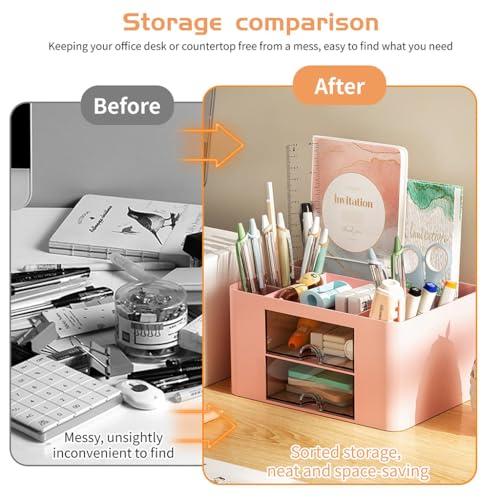 ZIBUYU® Pencil Pen Holder Desk Organizer 2 Drawer 5 Compartment ABS Storage Box, Cute Pink Stationery Supplies Organizer for Office, Home, School, College, Study Table, Makeup & Craft Use (Pink)