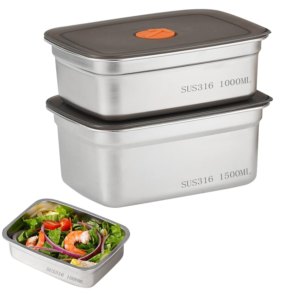 Supvox® 2Pcs Stainless Steel Kitchen Containers (1000ml & 1500ml) with Lid, Multipurpose Air Tight Food Storage Containers, Kitchen Organizer and Lunch Boxes for Meal Prep, Travel, Office, Picnics