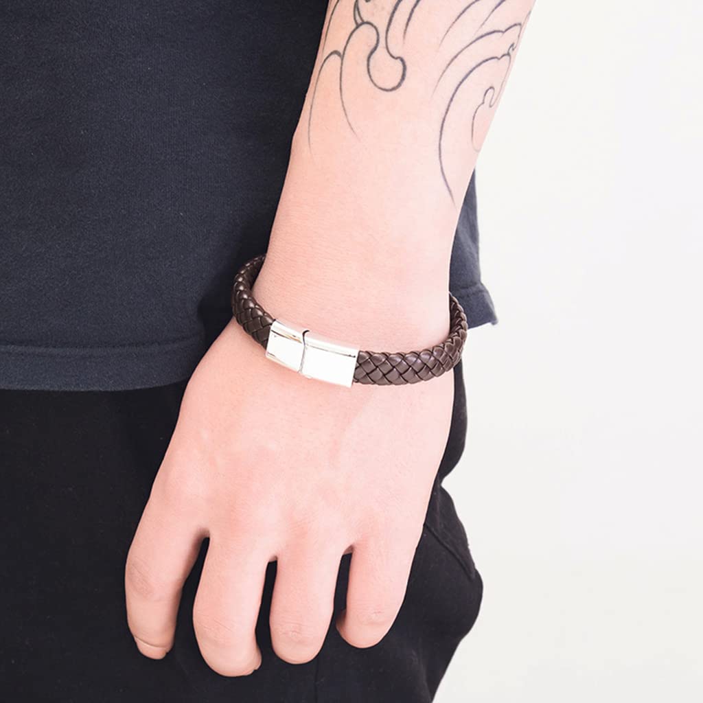 Zibuyu Bracelet for Men with Magnetic Clasp and Braided Genuine Leather 8.46 in Brown | 3 Pcs Set