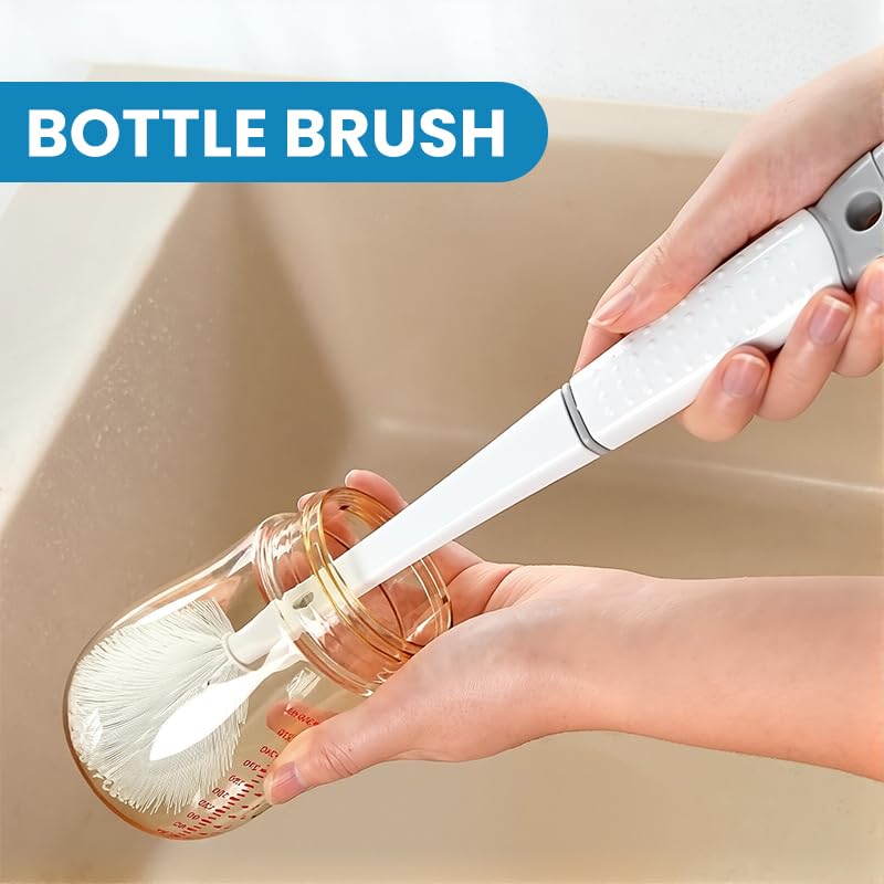 Supvox Baby Bottle Cleaning Brush Kit 5 in 1 with Long Handle Silicone Bristles | Flexible Folding Design and Built in Detailing Brushes
