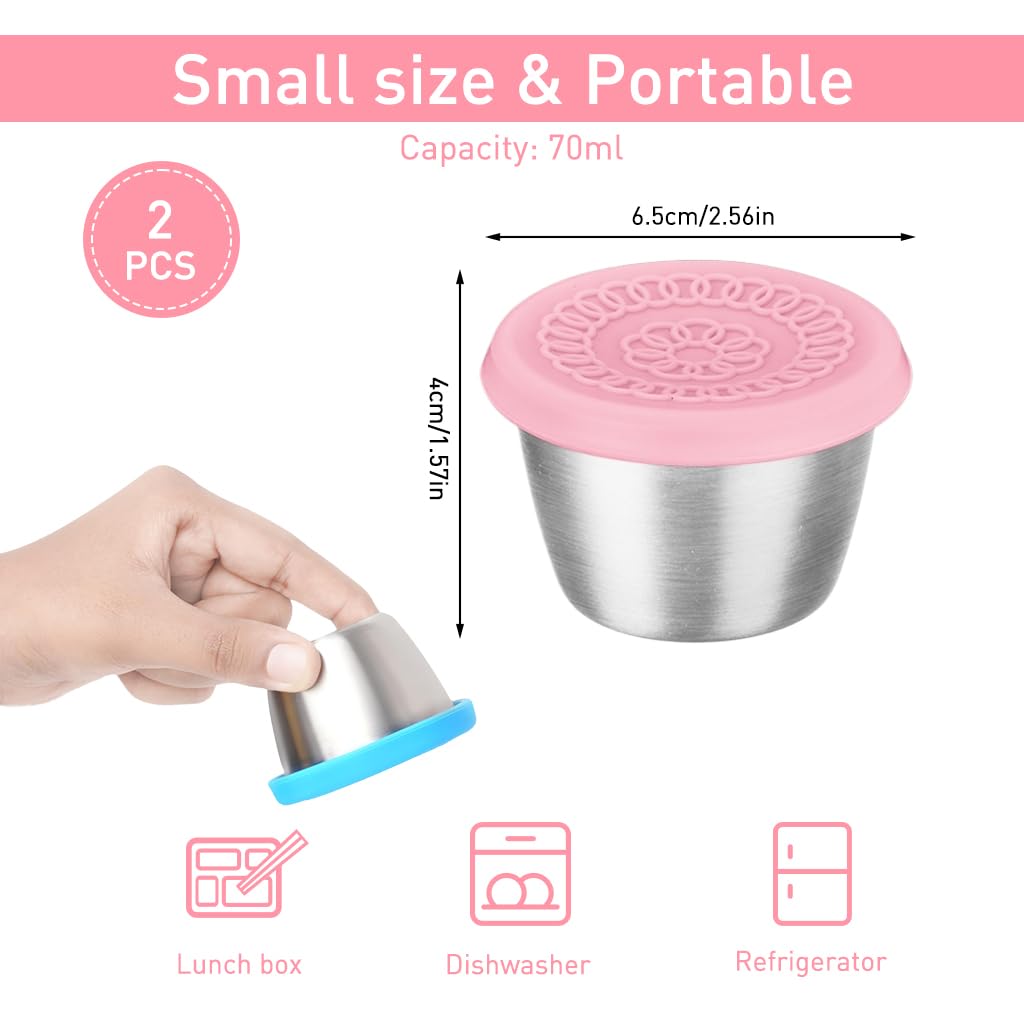 HASTHIP Salad Dressing Container for Lunch and Travel with Leakproof Silicone Lids | 2pcs 70ml Reusable Stainless Steel Cups Pink and Blue