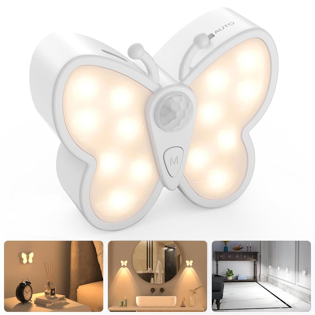 ELEPHANTBOAT Butterfly LED Night Light for Bedroom with Smart Motion Sensor & 1200mAh Battery | USB-C Rechargeable Dual Color Lighting