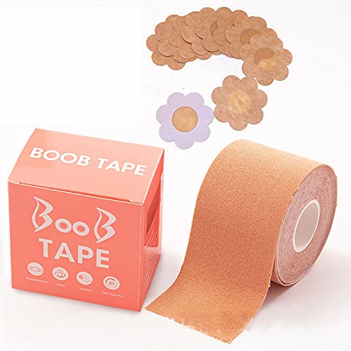 MAYCREATE Boob Tape with10 Pcs Petal Backless Nipple Cover Set for A-E Cup Large Breast, Breathable Breast Lift Tape Athletic Tape with Breast Petals Disposable Adhesive Bra