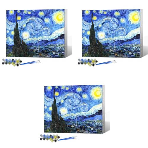 HASTHIP® DIY Art Paint Kit by Number Starry Night Painting Pre-Framed Canvas Oil Set Beginners 15.7x19.6 inches 3PCS