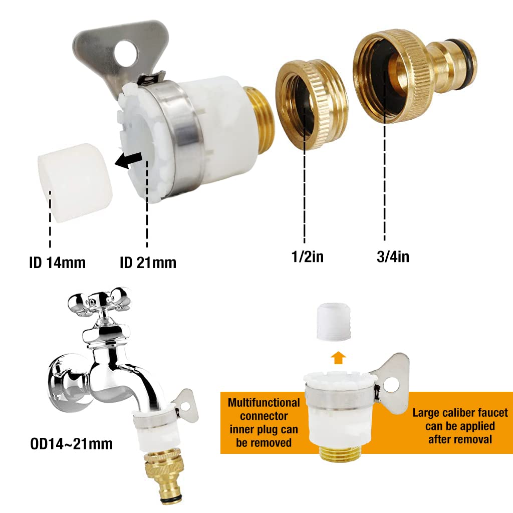 Proberos® 2 in 1 Universal Tap Connector, Tap Connector Brass Adapter Quick Release Coupling, Pipe Connector for Tap 3/4 and 1/2 inch, Top Max Diameter 23mm, Faucet Adapter for Garden Hose Pipe