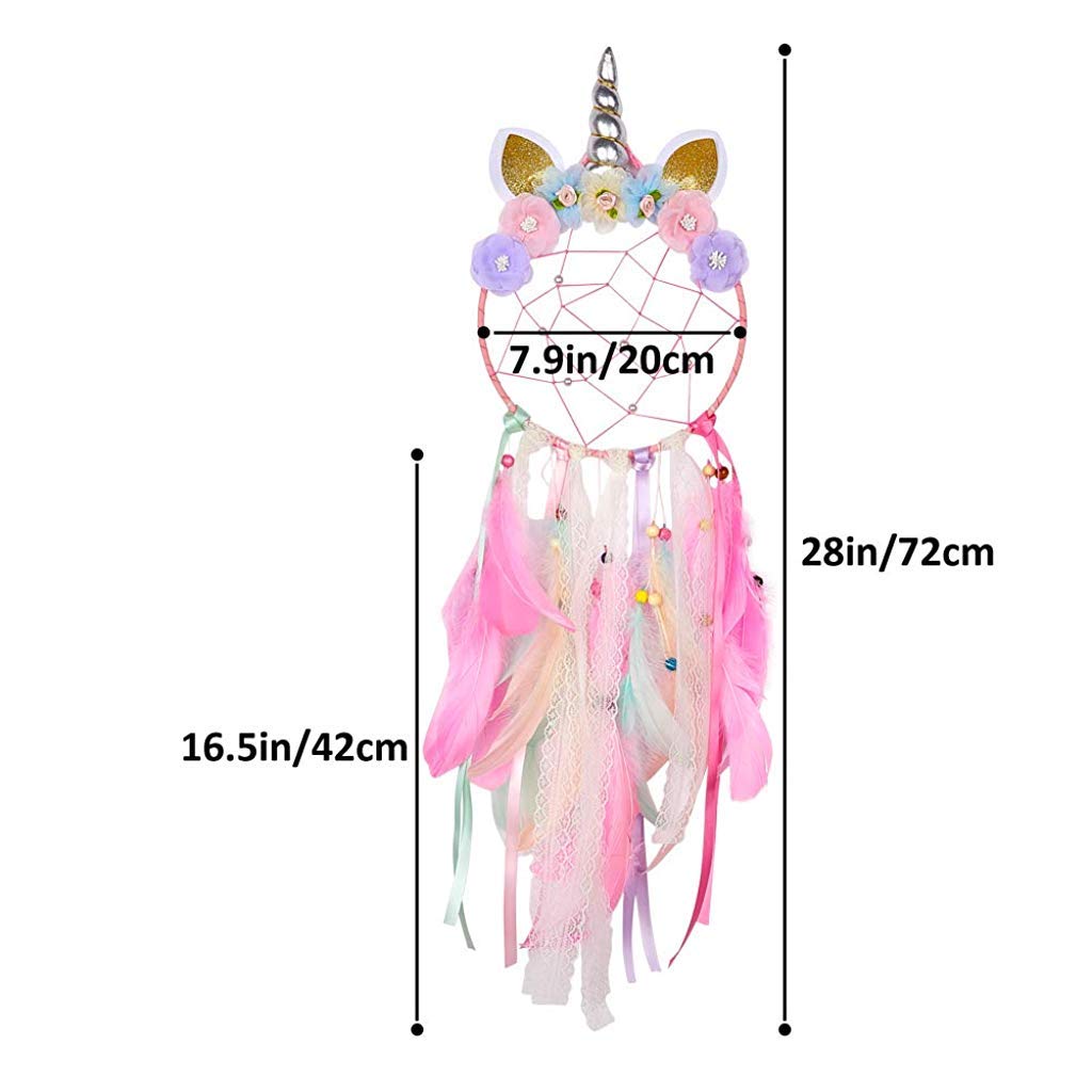 HASTHIP Dream Catcher for Home Decoration with Unicorn Design and Shiny Pearls Net | Pink Handmade Cotton Thread Feathers