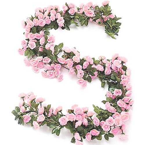 HASTHIP® Artificial Rose Flowers Vine Garland, 1.8m Fake Artificial Flower Hanging Rose Ivy Flowers Garland Ornament for Door, Room, Garden, Wedding Decroation, Pink