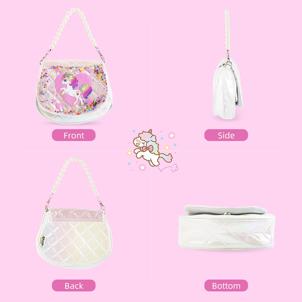 PATPAT Unicorn Sling Bag with Pearl Beaded and Shoulder Straps 19x9x14 cm for Girls | White Nylon