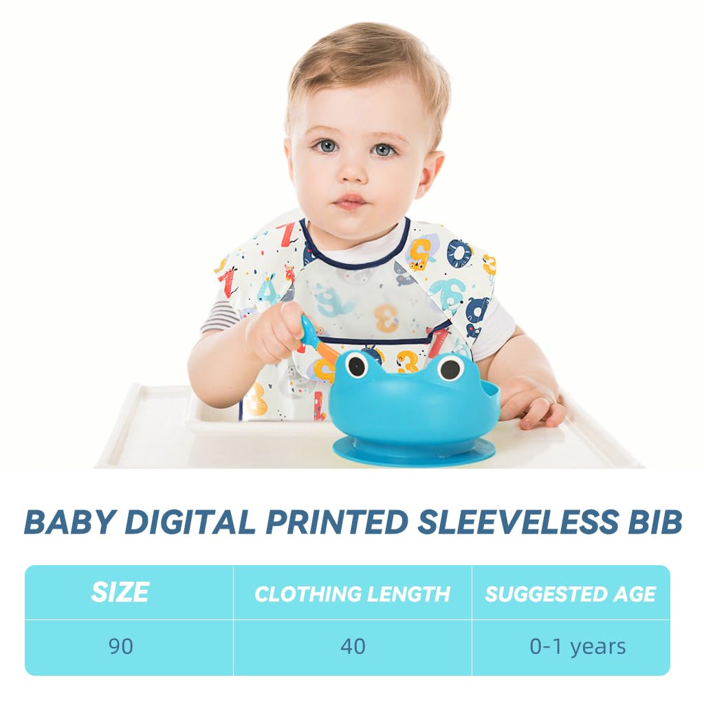 SNOWIE SOFT Sleeveless Baby Bib with Pocket Summer Toddler Bib Washable and Lightweight Waterproof EVA Baby Bib Tie Back Cartoon Print Toddler Bibs for Baby 6-24 Months