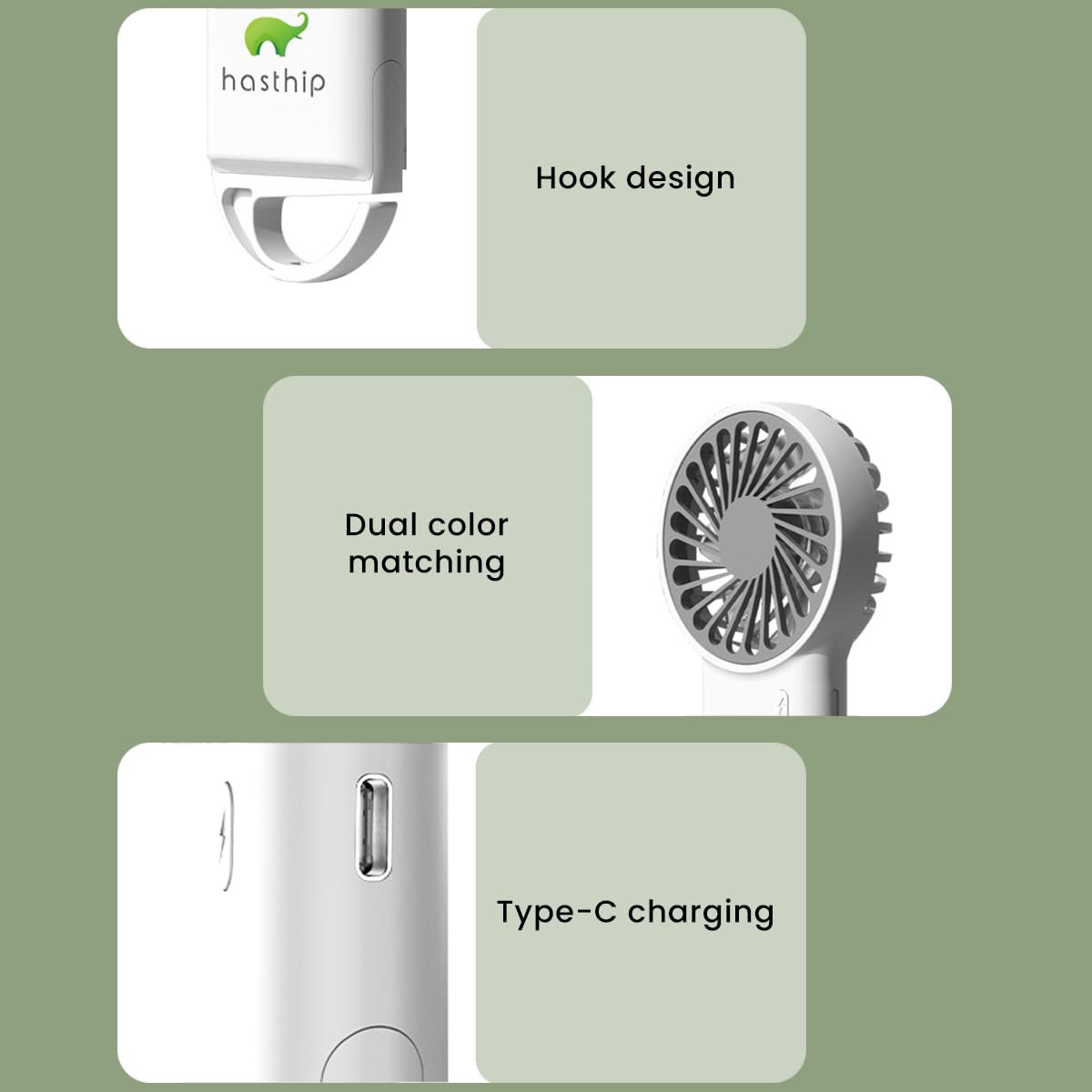 HASTHIP Handheld Mini Fan for Travel and Office with 800mAh Battery featuring Folding Tail Hook | Quiet USB Rechargeable Pocket Fan in White