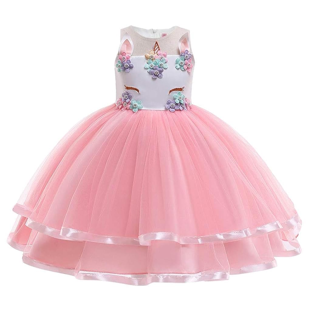PATPAT Unicorn Princess Dress for Girls 4–6 Years with 65cm Length and Lace Hem | Pink Cotton Dacron Party Outfit