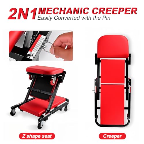 Serplex® Mechanic's Creeper Stool 36 Inch, 2 In 1 Convertible Rolling Garage Seat with Padded Cushion Multifunctional Mobile Mechanic's Creeper for Auto Repair & Maintenance