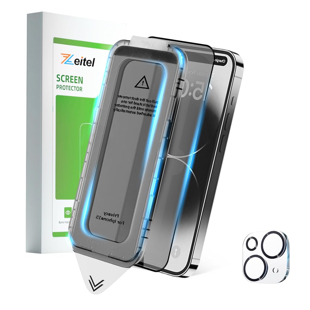 ZEITEL Privacy Screen Protector for iPhone 15 6.1 in with 9H Tempered Glass and Auto Alignment | 2 Step Bubble Free Installation