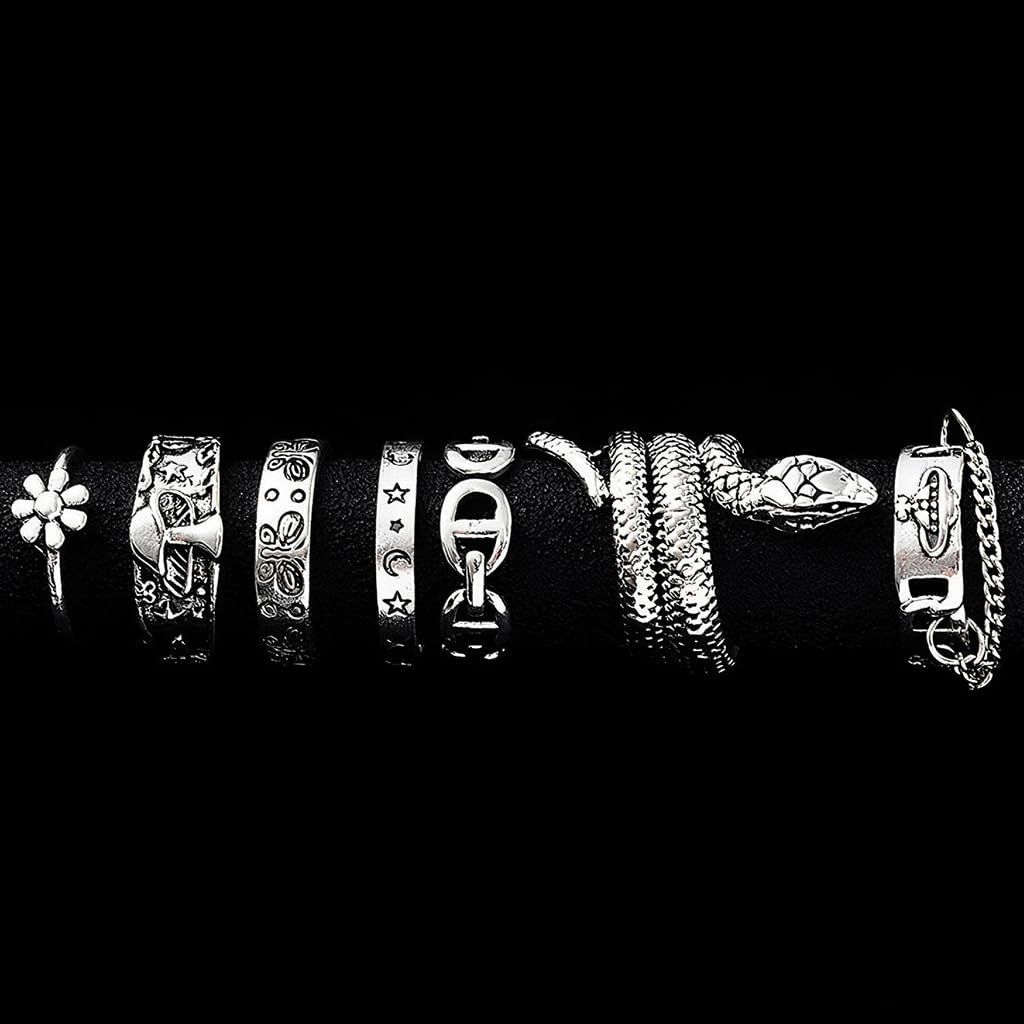 Zibuyu Rings Set for Women featuring 7PC Vintage Distressed Open Joint Design in Silver | Boho Style