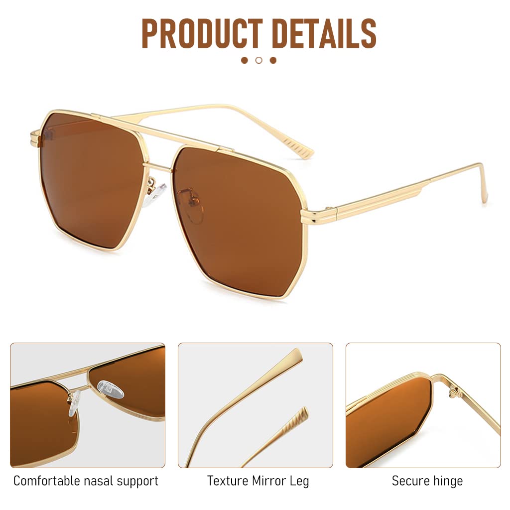 GUSTAVE Stylish Polygon Polarized Sunglasses for Men Retro Oversized Metal Frame UV400 Polarized Sunglasses Vintage Brown Lens Sunglasses Metal Sun Glasses Sun Glare Glasses for Men