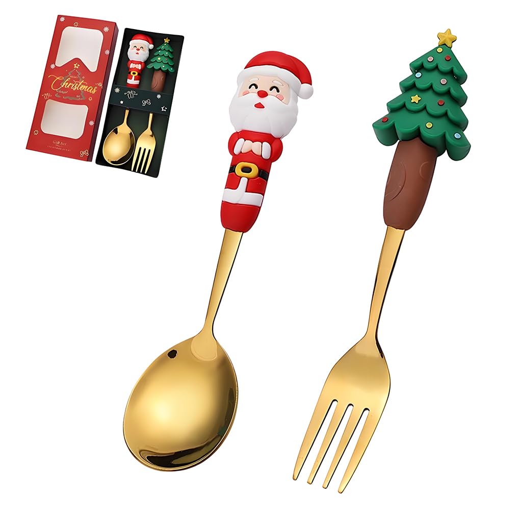 HASTHIP Christmas Spoon and Fork Set for Festive Dining with Santa and Tree Toppers | 2PCS Gold Stainless Steel Flatware in Gift Box