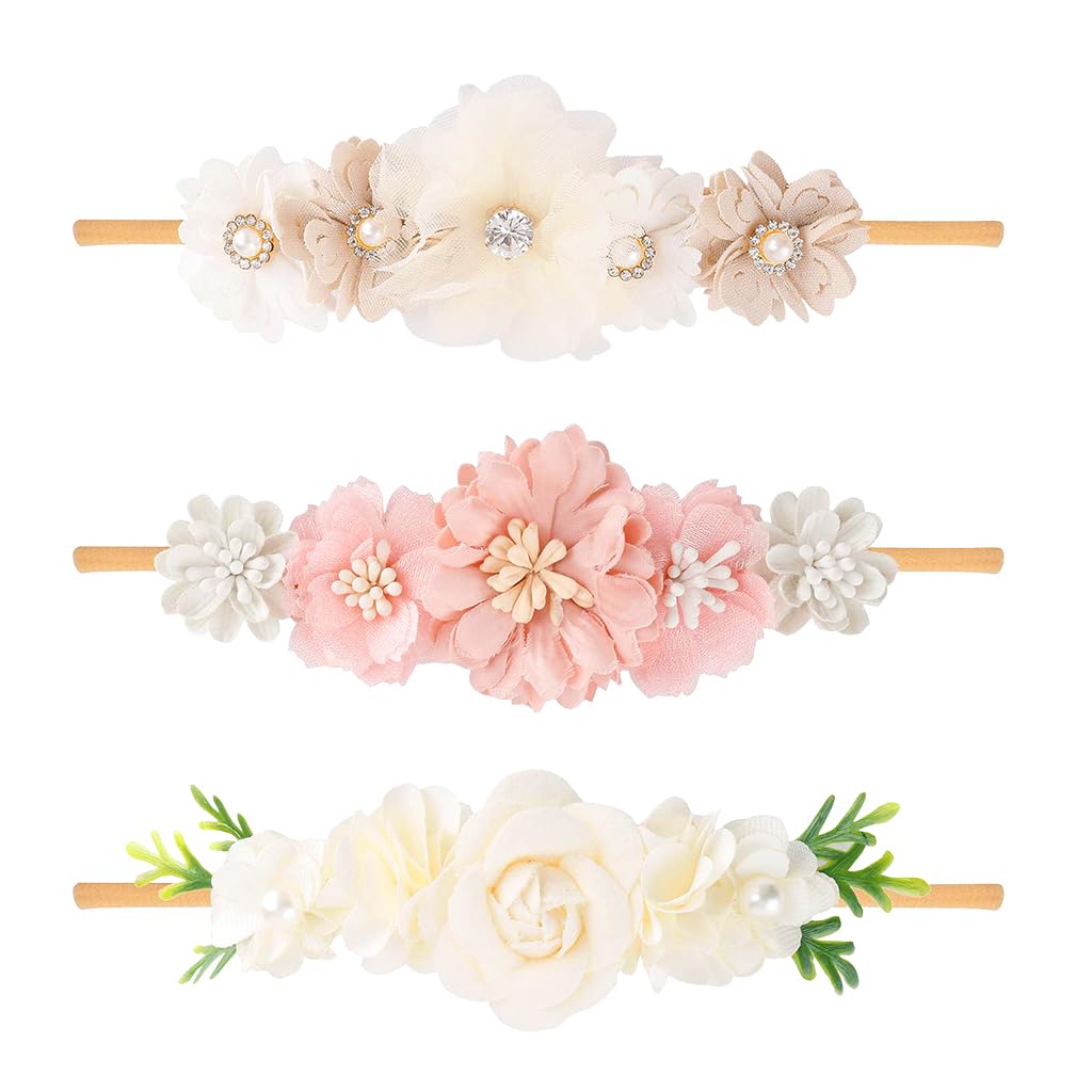 Venzina® 3Pcs Baby Hair Band Floral Hair Bands for Baby Girls, Princess Hair Band for Girls Kids, Stretchy Hairbands Headband for Baby Girl, Cute Hair Accessories for Baby Girl Infants Toddlers Gift