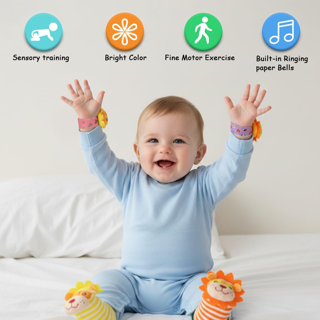 SNOWIE SOFT Baby Rattle Socks and Wristband Set with Plush Cartoon Toys for Sensory Play