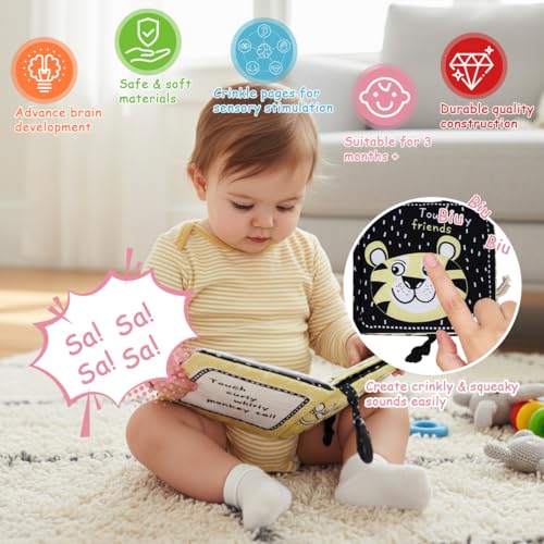 SNOWIE SOFT® Cartoon Baby Cloth Book with Open Clasp,5-Page,Double Sided Storytelling Fabric Book with Built in Squeaky Toy Interactive 3D Cartoon Baby Learning Travel Busy