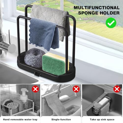 HASTHIP® Kitchen Dish Cloth Rack Countertop Dual Row Dry Hand Towel Holder Sink Organizer Sponge Drain with Removable Drip Tray 2PCS