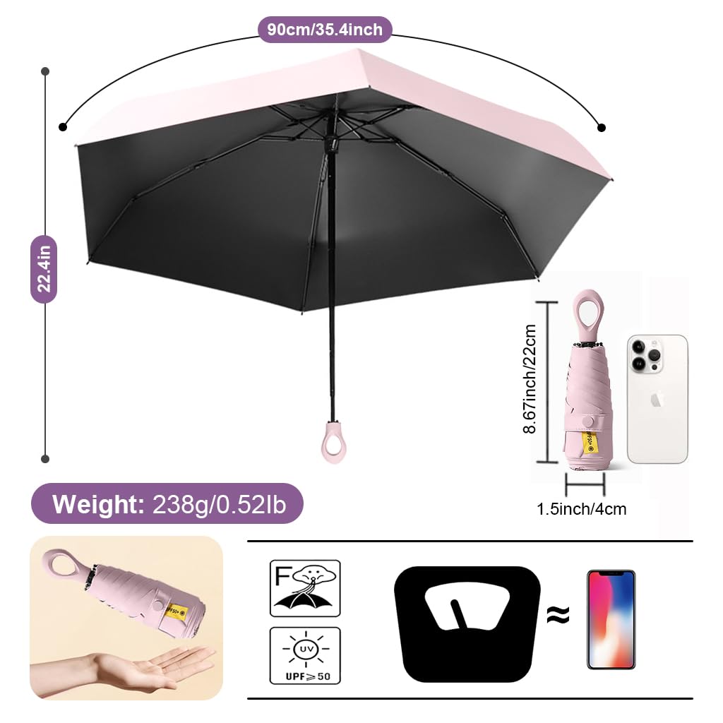 PALAY® Mini Sun Umbrella UPF 50+ Sun Protective Sun Umbrella with Black Liner 6 Strong Ribs Design Fashion Outdoor Folding Umbrella Travel Lightweight Umbrella with Rubberized Loop Handle