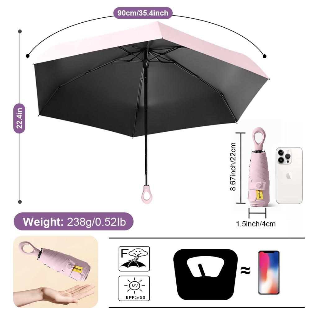 HASTHIP Travel Umbrella for Sun and Rain with UPF 50+ Protection and 6 Strong Ribs | Compact Lightweight Design for Women Men and Kids