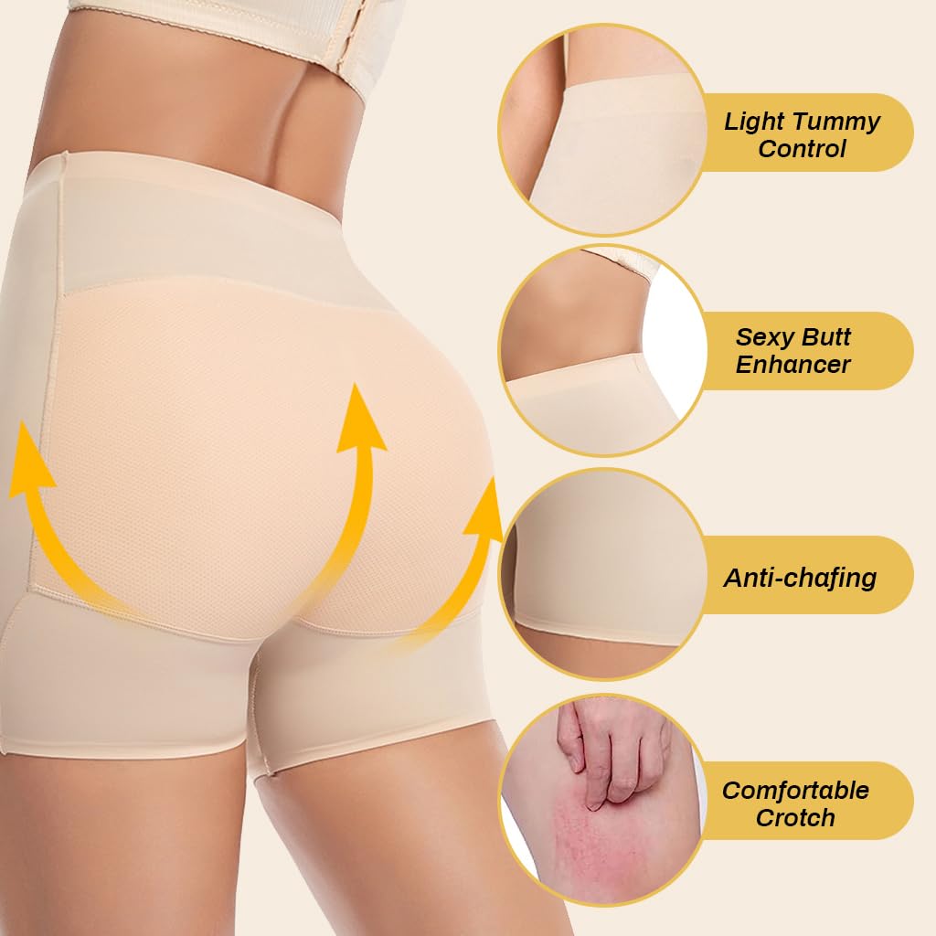 PALAY Butt Lifter Padded Underwear for Women with 3D Hip Pads Enhancer | Seamless 3PCS Beige Shapewear Shorts
