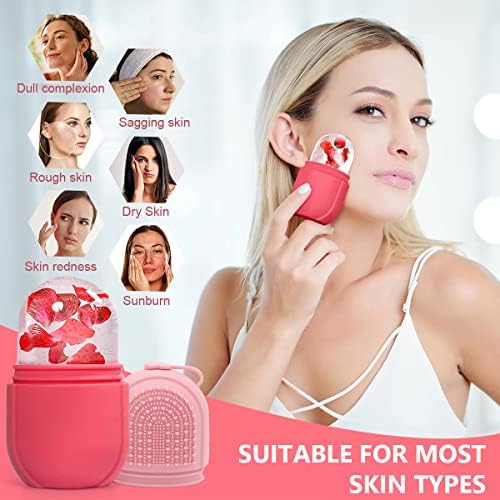 MAYCREATE Ice Face Roller Ice Cube Mold With Cleansing Brush, Anti-Leak Silicone Ice Roller for Face Massage, Beauty Ice Facial Roller for Eliminate Edema, Tighten Skin, Women Skincare Gift (Pink)