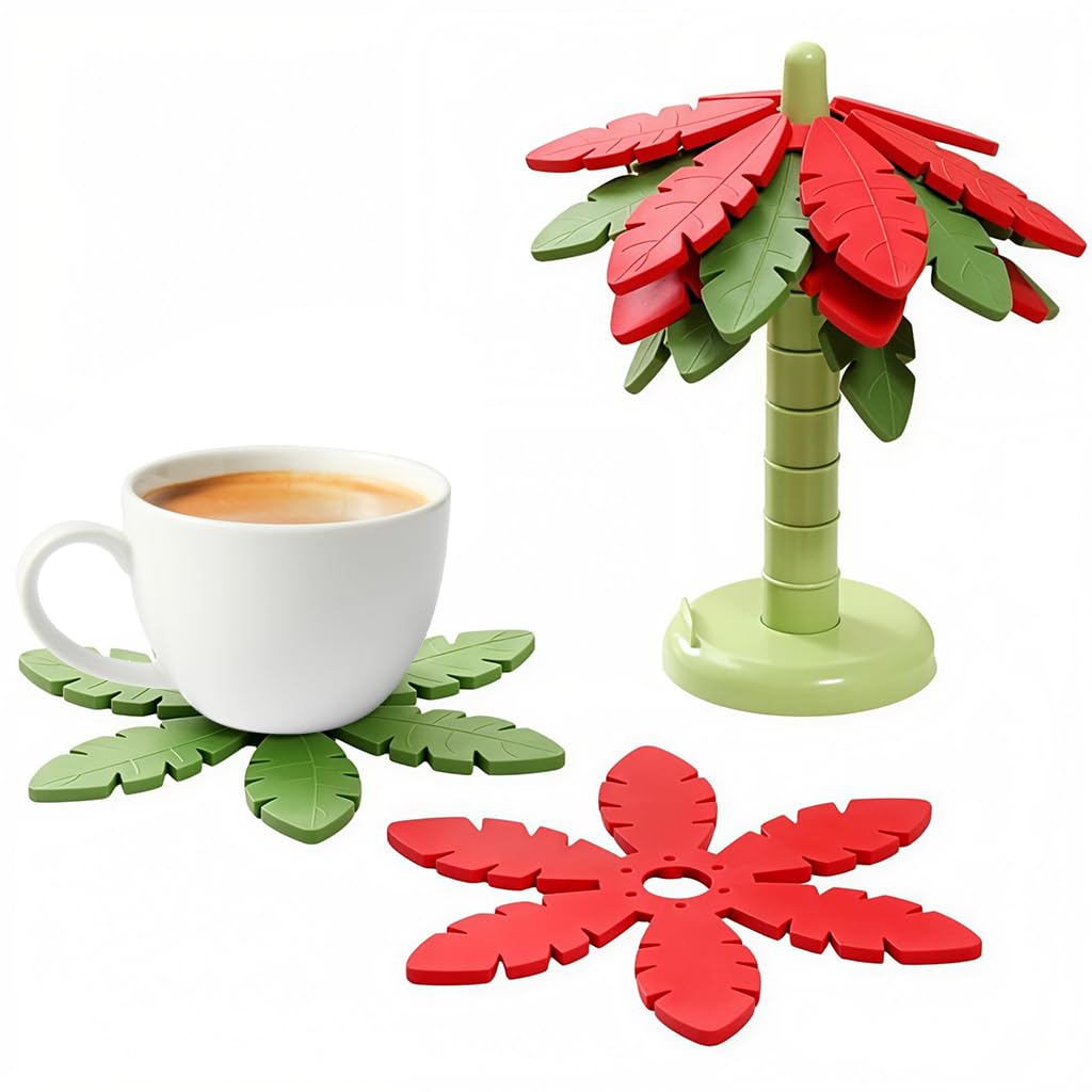 HASTHIP Silicone Tea Coaster Set for Dining Table with Decorative Holder 3pcs | Tropical Leaf Design