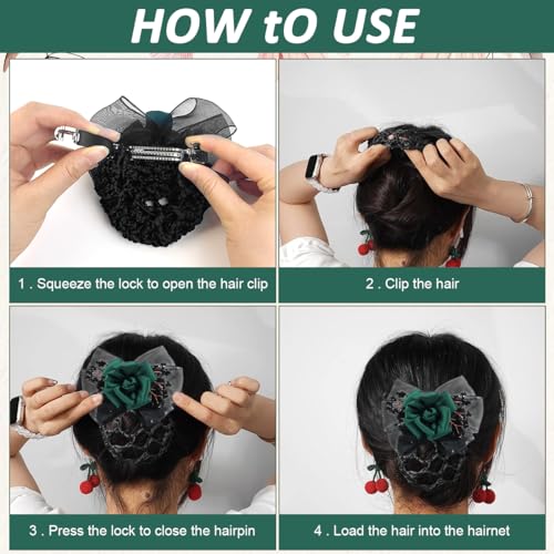 MAYCREATE Barrette Hair Bun Nets Flower Bun Naker for Hair, Hair Bun Accessories for Women, Green Floral Hair Snood Net, Spring Clip Hair Net for Women Dancer Nurse Work or Daily