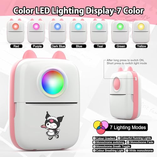 Zeitel® Mini Bluetooth Thermal Printer with LED Portable Label Inkfree for Android and iOS System Black on White with 13 Roll Paper 5 Color Pen 1 Kuromi Sticker Pink 2 PCS